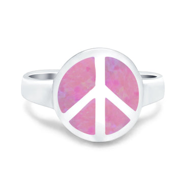 Peace Sign Ring Inlay Round Lab Created Pink Opal 925 Sterling Silver